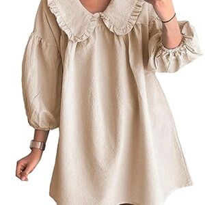 Elegant Cream Gingham Ruffle Lapel Collar Dress